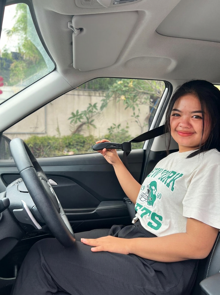 Woman in the driver seat holding the Easy Grab seat belt extender handle