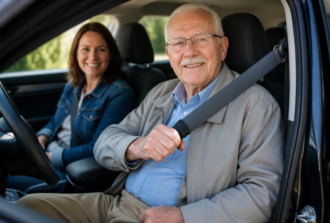 Older man easily pulling his seat belt across using the Easy Grab handle while his daughter smiles beside him